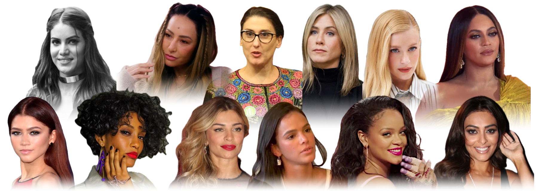 Doze referências do quiz: Bruna Marquezine, Sabrina Sato, Paola Carosella, Jennifer Aniston, Marina Ruy Barbosa, Beyoncé, Zendaya, Taís Araújo, Grazi Massafera, Camila Coelho, Rihanna e Juliana Paes.