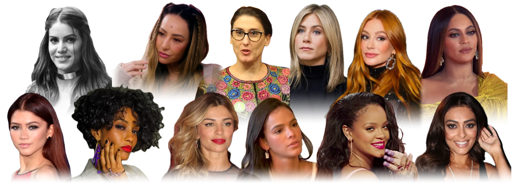 Doze referências do quiz: Bruna Marquezine, Sabrina Sato, Paola Carosella, Jennifer Aniston, Marina Ruy Barbosa, Beyoncé, Zendaya, Taís Araújo, Grazi Massafera, Camila Coelho, Rihanna e Juliana Paes.